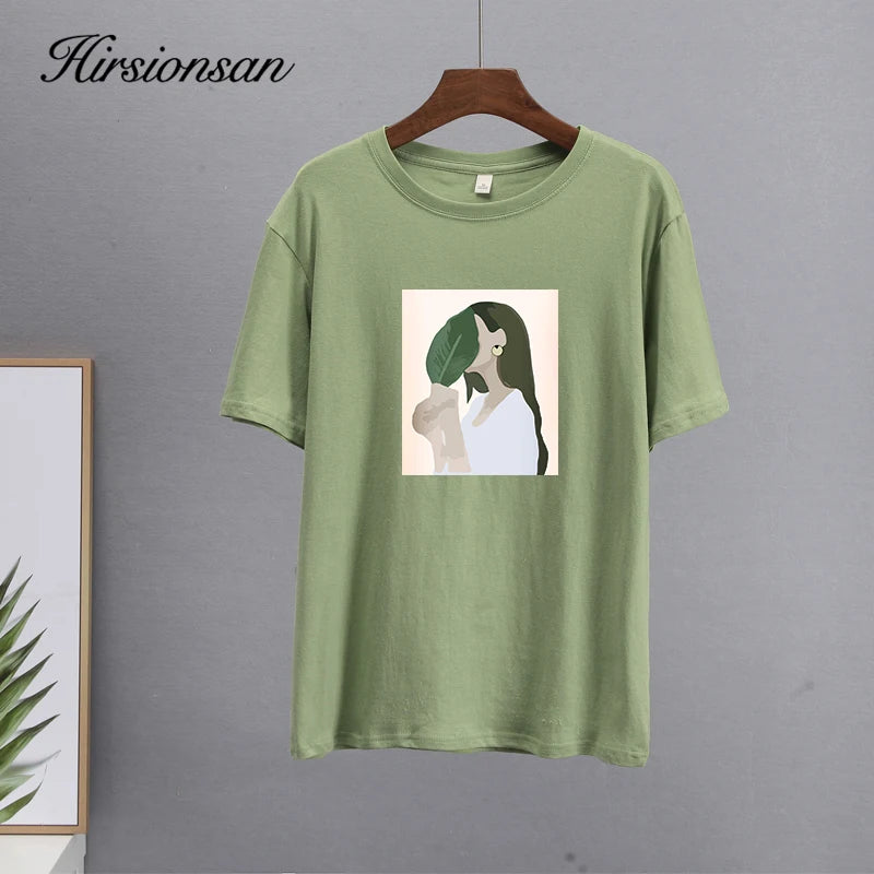 Hirsionsan Harajuku Printed T Shirt Women 2023 Summer Chic Tees 100% Cotton Elegant Graphic Clothes Loose Casual Pullover Tops