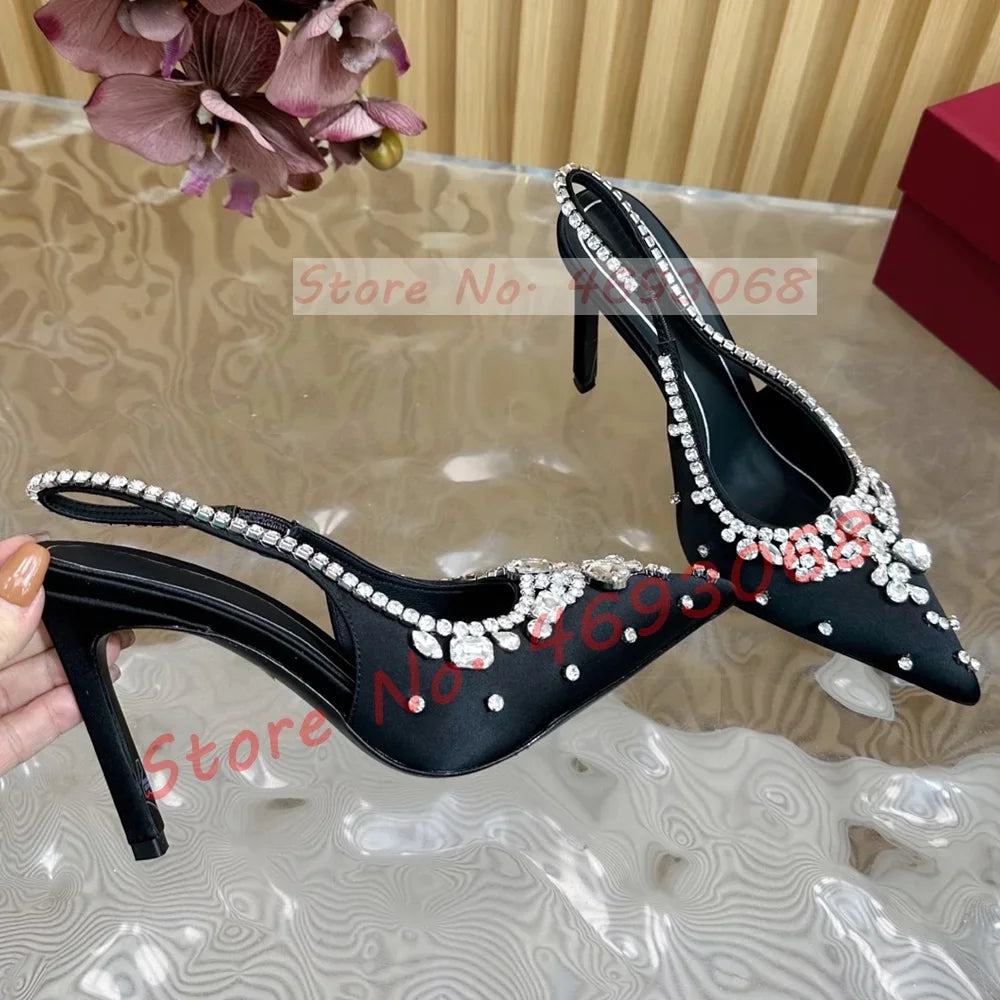 Luxury Crystal Flowers Back Strap Sandals Ladies Trendy Pointy Toe Classy Gems Satin Sandal Women Real Leather Evening Shoes
