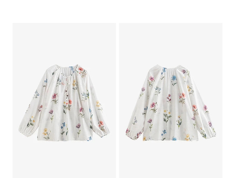 TOYOUTH Women Blouse Shirt 2025 Spring New Linen Floral Printed Velvet Casual Pullover Tops