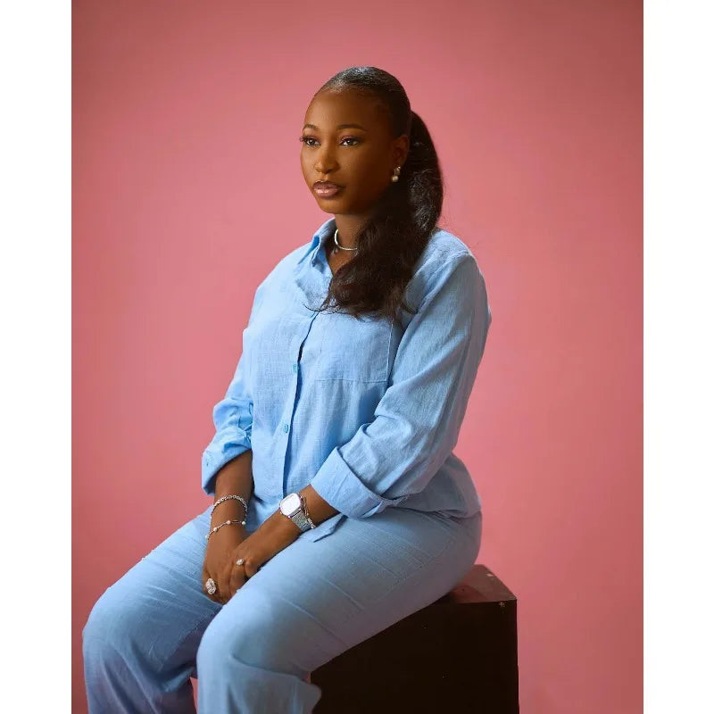 African Style Women 2 Piece Casual Outfits Blue Button Shirt & Wide Leg Pants Set Elegant Daily Streetwear Loose Loungewear