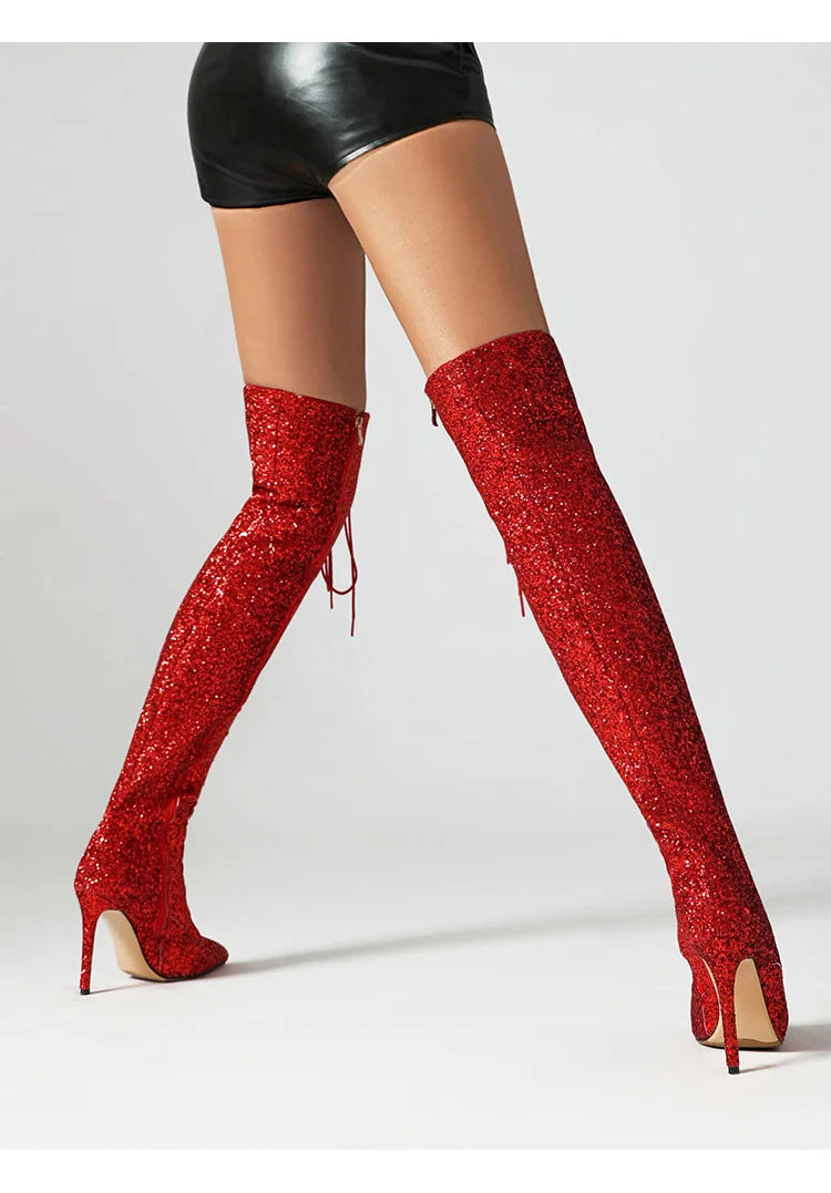 10CM Night Club Over The Knee Boots Sequins Thin High Heels Fashion Lady Pointed Long Boots Autumn Winter Party Shoes For Women