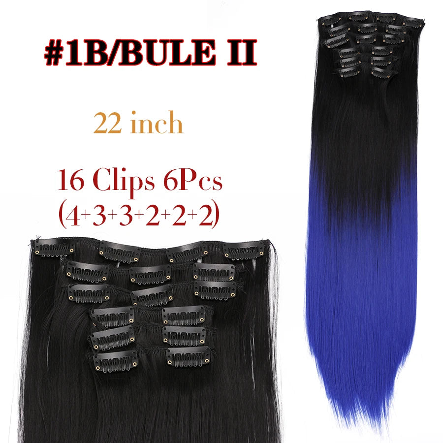 22 Inches Synthetic Long Straight Hairstyle 16 Clips 6Pcs/Set Hair Extensions Blonde Black Hairpieces Heat Resistant For Women