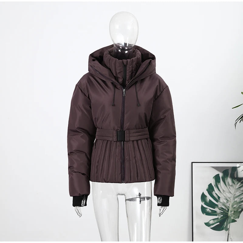 Women  Fur Collar Hooded Skiwear Fashion Solid Thicken Zipper High Waist Slim Outdoor Overalls Jumpsuit  Lady Winter Outwear
