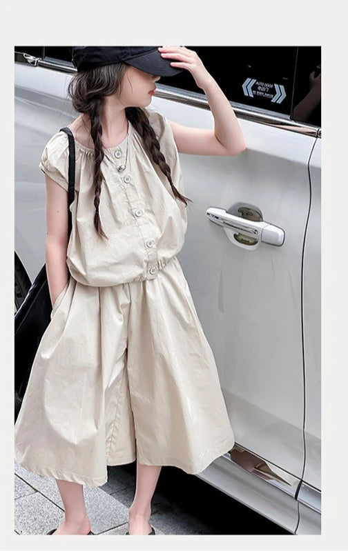 2025 Girls Summer Casual Outfit Big Kids Short Sleeve Top Capris Pants Two Piece Set Matching Big Kids Fashion Suit Holiday Wear