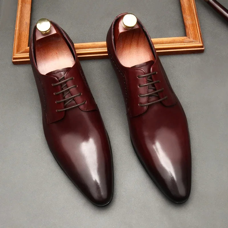Leather shoes for men, lace up shoes for men, pointy, leather, high-end wedding, dress, Oxford, Lefu shoes, large, British style