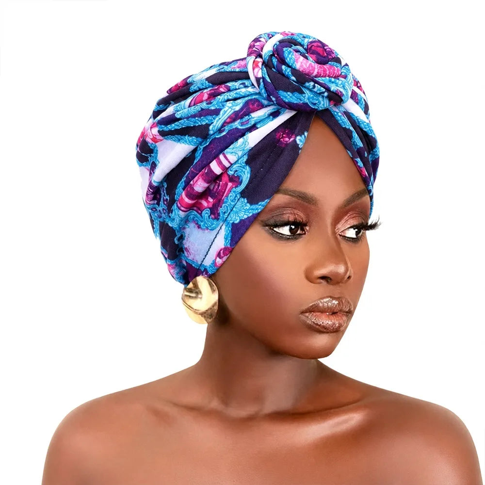 Fashion African Print Hijab Caps Pleated Wrap Twist Knot Turban Hat Elastic Knotted Style Floral Head Wrap All Match Decor