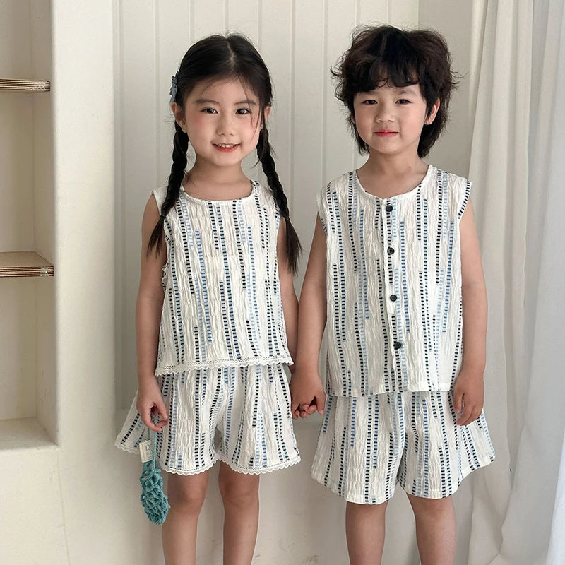 Summer Children's Vest Set Girls Lace Top Suit Kids Embroidered Striped Tank Top and Shorts 2Pcs Boys Casual Suit Sibling Outfit