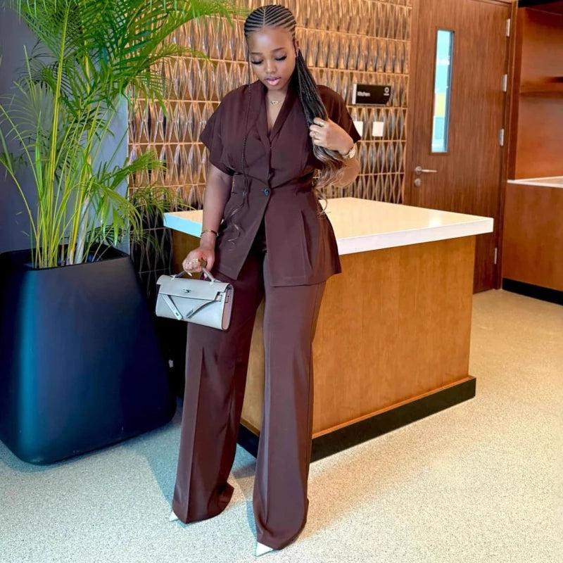 African Fashion Women Two Piece Set Turn Down Collar Short Sleeve Patchwork Shirt and Pants Set