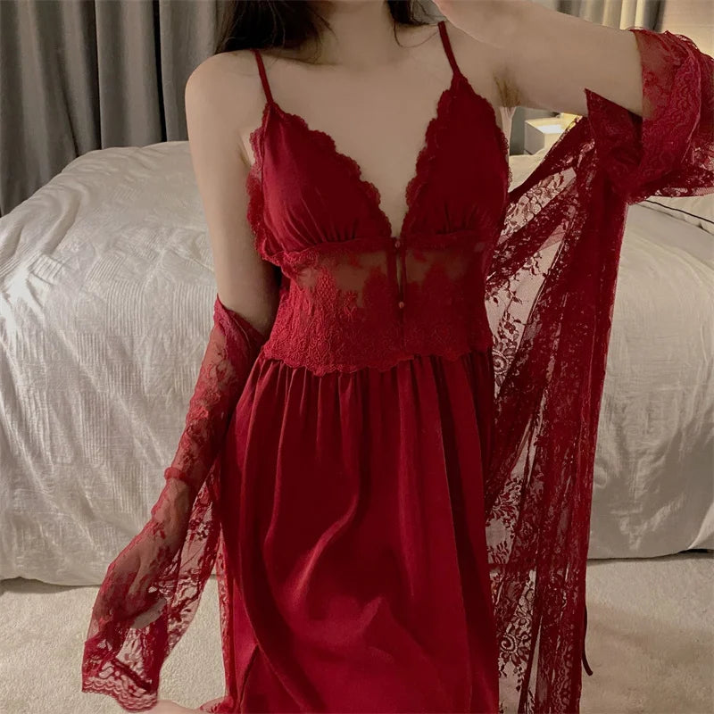 Sexy Two Piece Dress Set Spring Summer Sleepwear Lingerie Lace Sling Long Sleeve Nightdress Women Pijama Suit Ladies Nightgowns