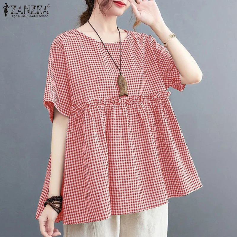 2025 ZANZEA Women Plaid Checked Blouse Summer Casual O Neck Short Sleeve Blusas Loose Tops Stylish Ruffled Work Shirt Oversize