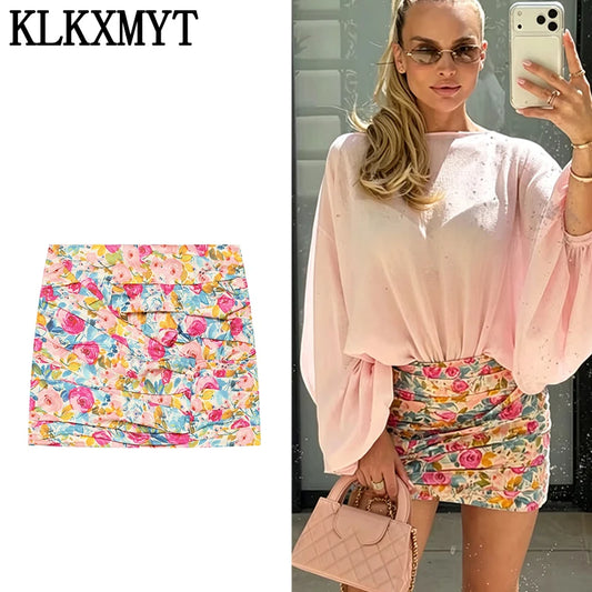 KLKXMYT Women Elegant Floral Print Mini Skirts 2026 Summer Fashion Ruched Holiday Chic Hip Wrap Skirt Female Beach Party Skirt ﻿