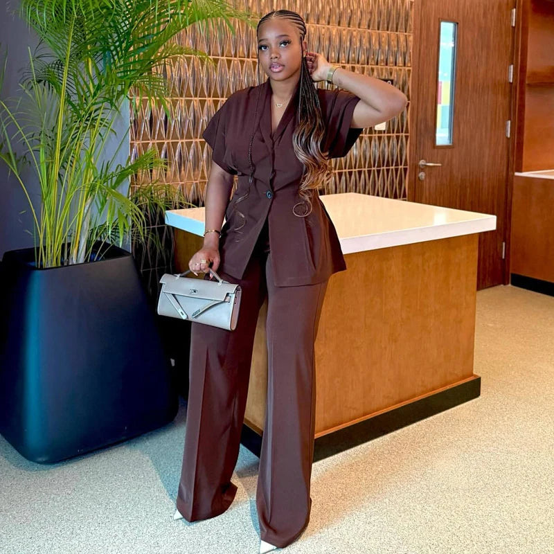 African Fashion Women Two Piece Set Turn Down Collar Short Sleeve Patchwork Shirt and Pants Set