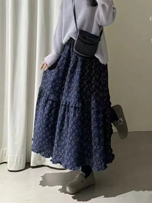 2025 Early Spring Women Skirt Versatile Navy Blue Floral Elastic High Waist Midi Skirts Korean Fashion Slimming Clothes