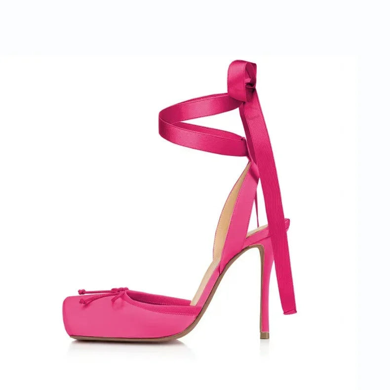 2025 Spring New Square-Toe High Heels Bow Knot Peep-Toe Platform Sandals for Women, Sexy Evening Party Club Wedding Shoes