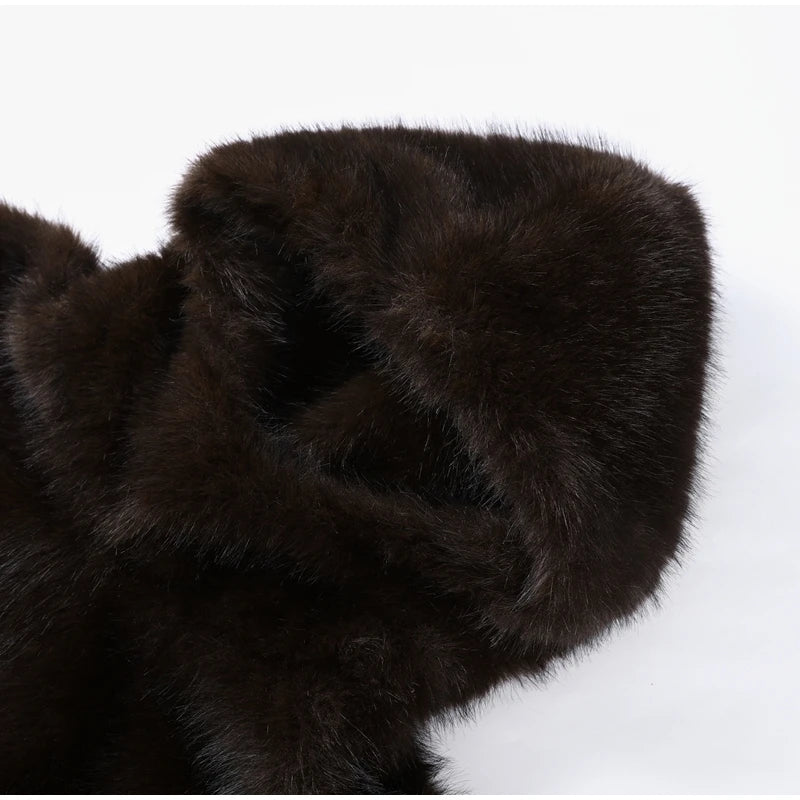 Luxury Faux Fur Hooded Pullovers Women's Loose Full Sleeve Stand Collar Pocket Coats 2025 New Autumn Winter Ladies Solid Outwear