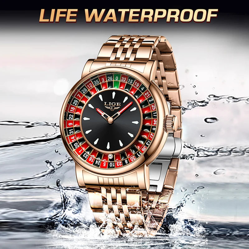 LIGE 2025 Creative Luxury Watches Men Roulette Game Dial Fashion Mens Watch Waterproof Luminous Steel Quartz Wristwatches Relojs