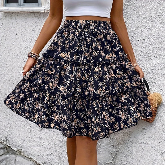 Women's Spliced Cake Skirt Fashionable Floral Print Elastic Waist Strap Versatile Casual Skirts Comfortable knee-length skirt