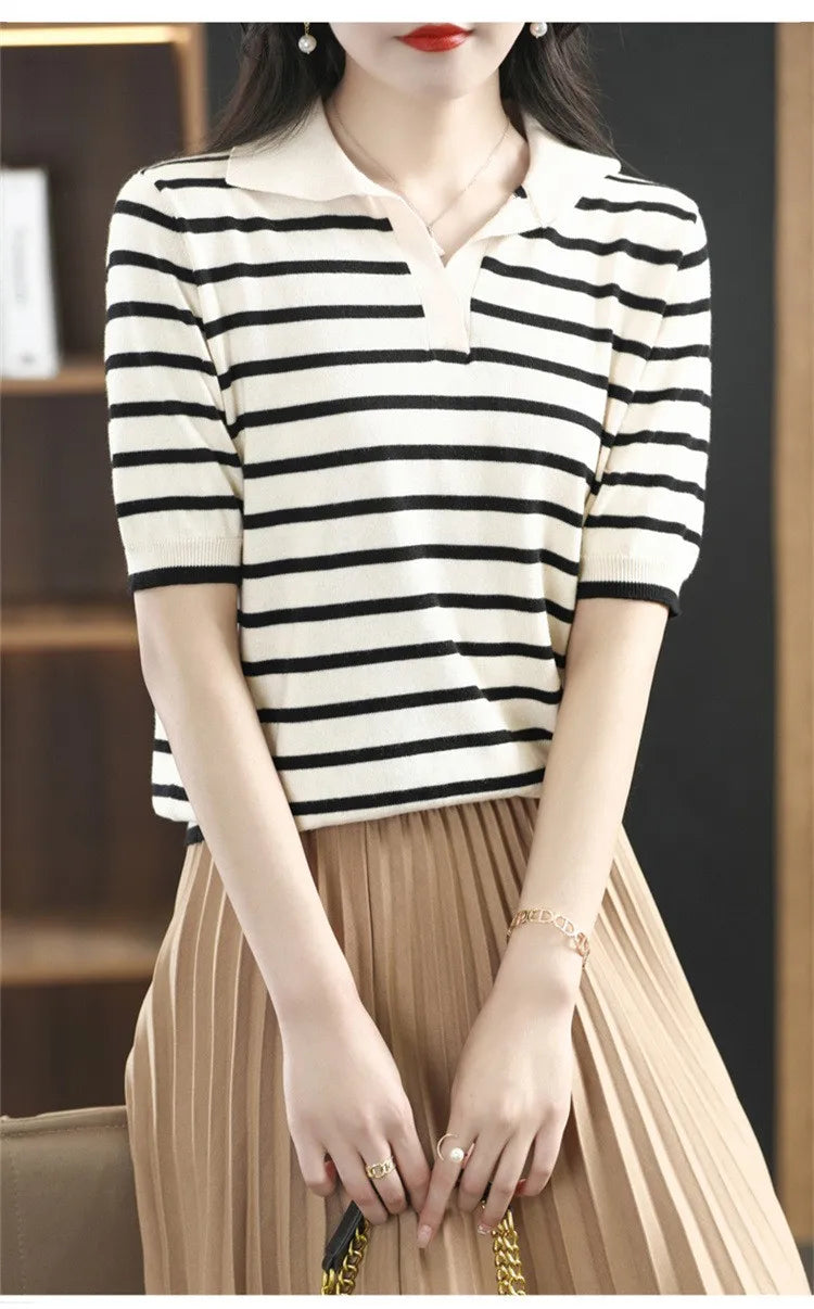 WinvyNee Summer Short Sleeved Women's Solid Polo Shirt Casual Cotton Striped Top T-shirt Women Clothing Casual Knitted A1002001