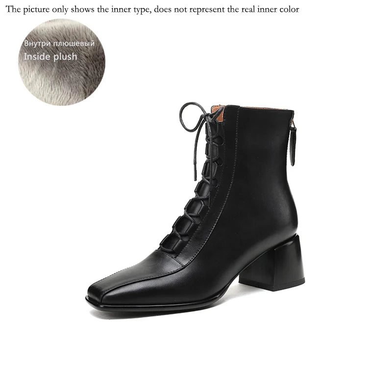 2026 Fashion Women Shoes Split Leather Short Boots Square Toe Chunky Boots Winter Shoes Women Solid High Heel Boots for Women