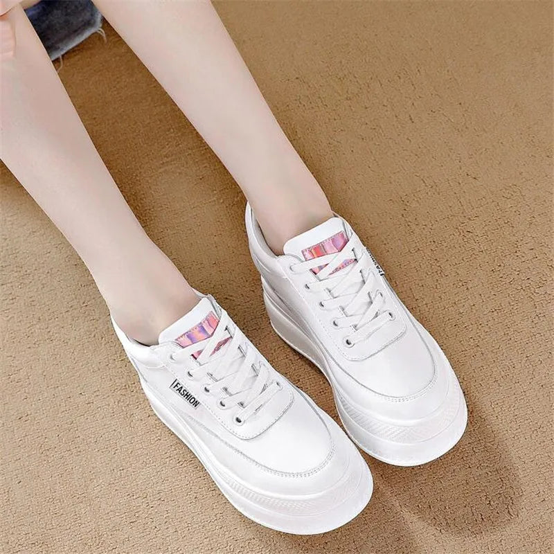 New Spring Autumn White Hidden Wedge Heels Casual Shoes Woman 9CM Platform Shoes Elevator High-heels Walking Sneakers Women