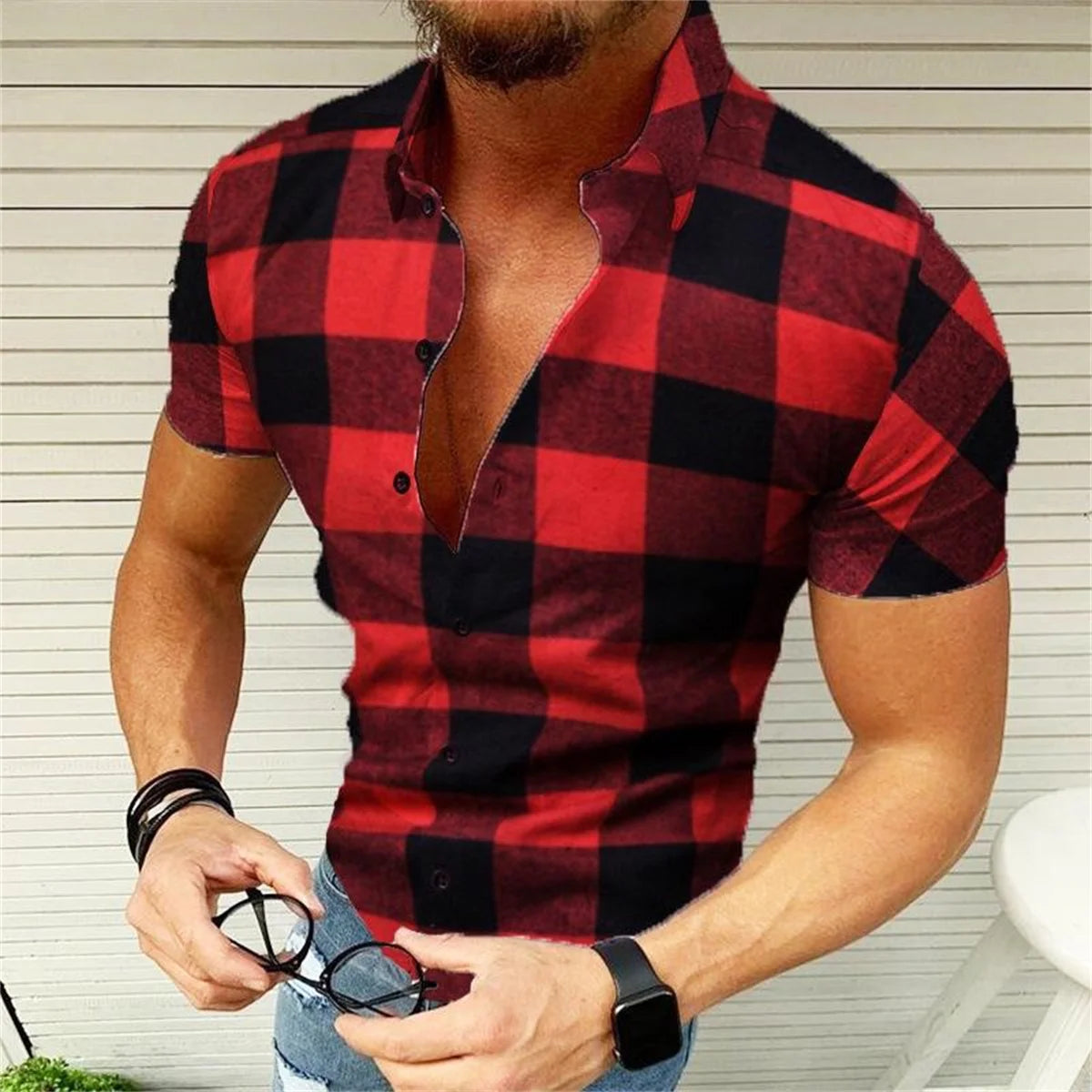Men's spring and summer new fashion casual lapel short sleeve cardigan personalized printed shirt