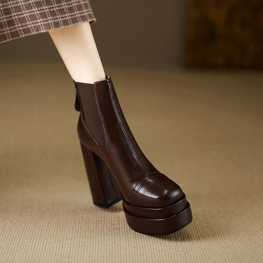 Aucegi Women Genuine Leather Back Zipper Ankle Boots Fashion Square Toe Platform Thick High Heels Party All Match Casual Shoes