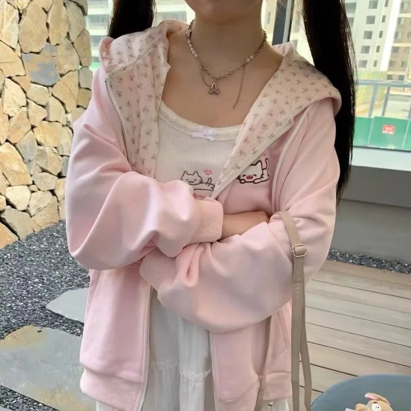 Harajuku Korean  Kawaii Hooded Coat Women Thin Long Sleeve Zipper Cardigan Y2K Streetwear New Mid-length Loose Jackets