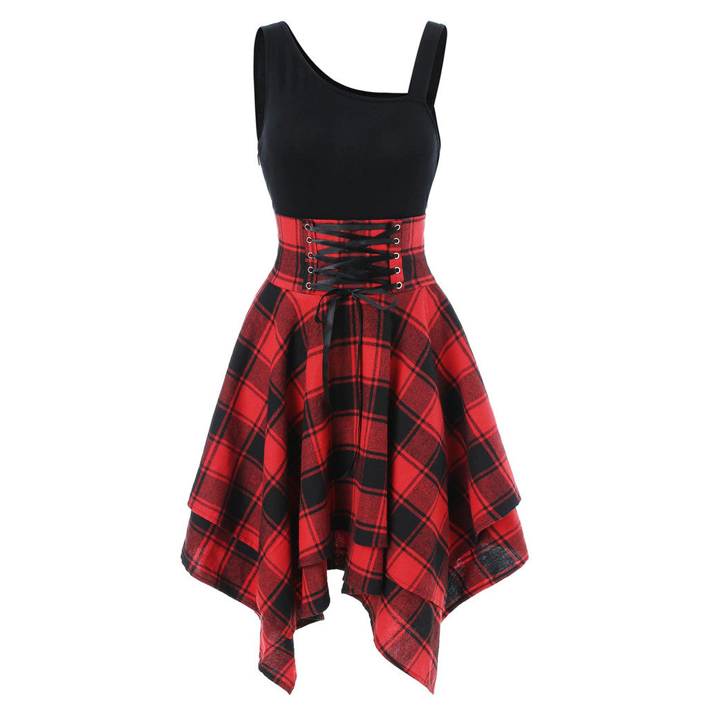 Elegant Classy Dresses For Women 2024 Sleeveless Cold Shoulder Cross Lace Up Plaid Print Irregular A-Line Dresses