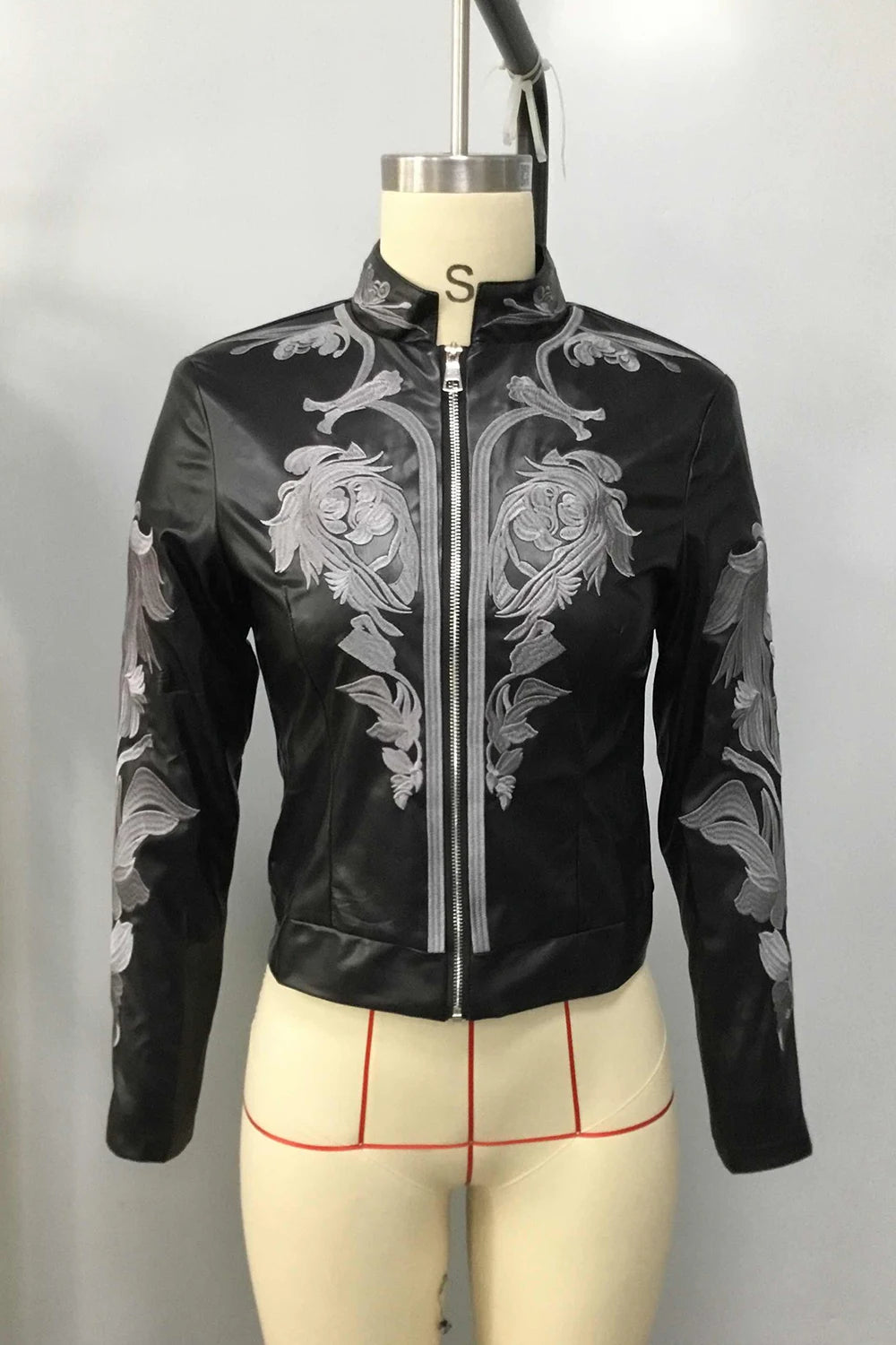 Women's PU Leather Tops Zipper-up Stand Collar Long Sleeve Gothic Punk Grunge Slim Floral Printed American Retro T shirts 2025
