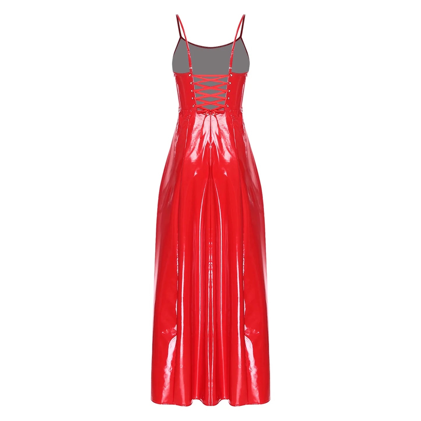 Womens Gothic Punk Glossy Maxi Dress PU Leather Side Slit Hem Back Lace-up Sling Bodycon Dress Raves Party Costume Clubwear
