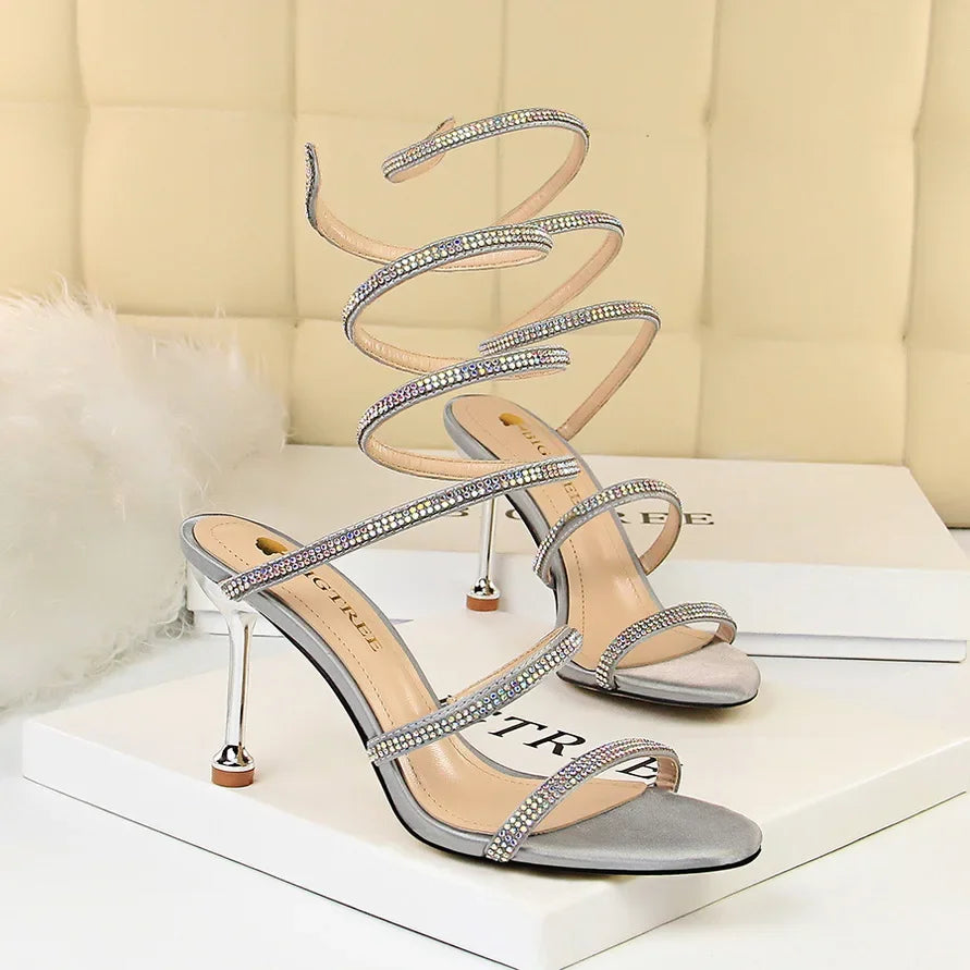 Summer Women 8.5cm High Heels Nightclub Silk Rhinestone Sandals Crystal Ankle Cross Strap Sandles Sexy Strange Gladiator Shoes