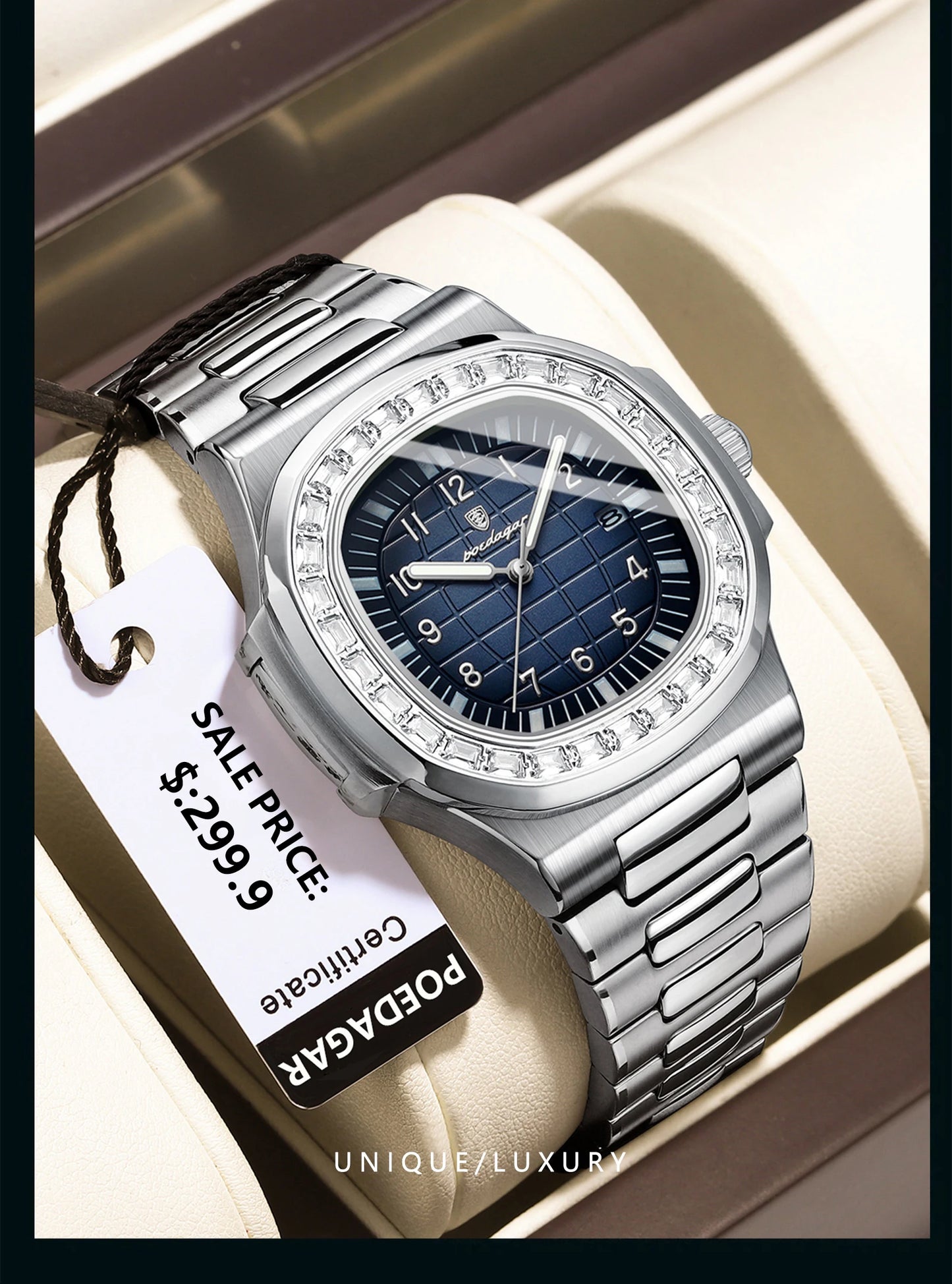 POEDAGAR Luxury Square Man Watches Waterproof Luminous Date Men Wristwatch Casual Male Clock Stainless Steel Men's Quartz Watch