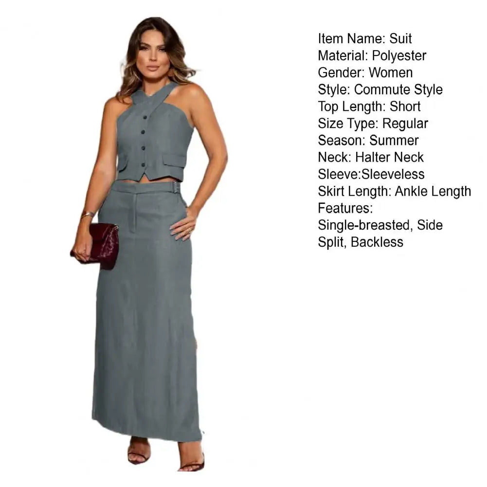 2 Pcs/Set Women Vest Skirt Set Cross Halter Neck Two Pieces Sets Suit Vest Top High Waist Side Split Maxi Skirt Set