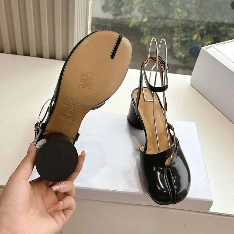 New Fashion Patent Leather Cross Belt Tabi Women's Pumps Spring and Summer Slingbags Split Toe Thick High Heels Chunky Shoes
