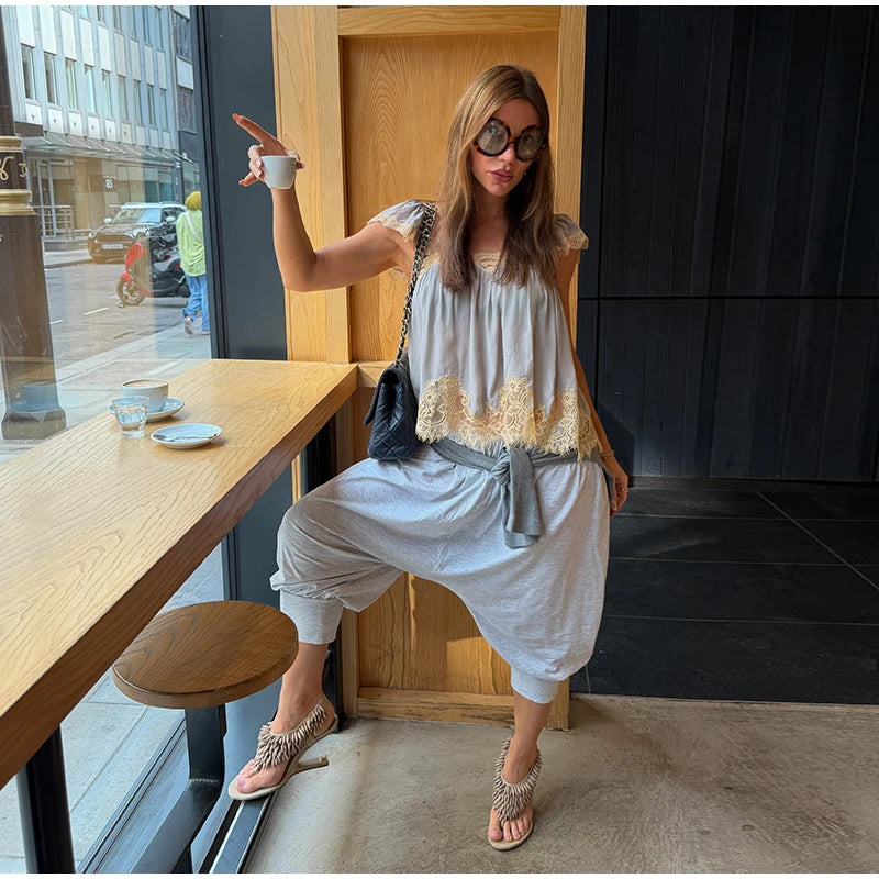 Lace Spliced Square Neck Spaghetti Strap Blouse Loose Fit Cropped 2026 Summer Women Chiffon Top Causal Delicate Lady Blusa