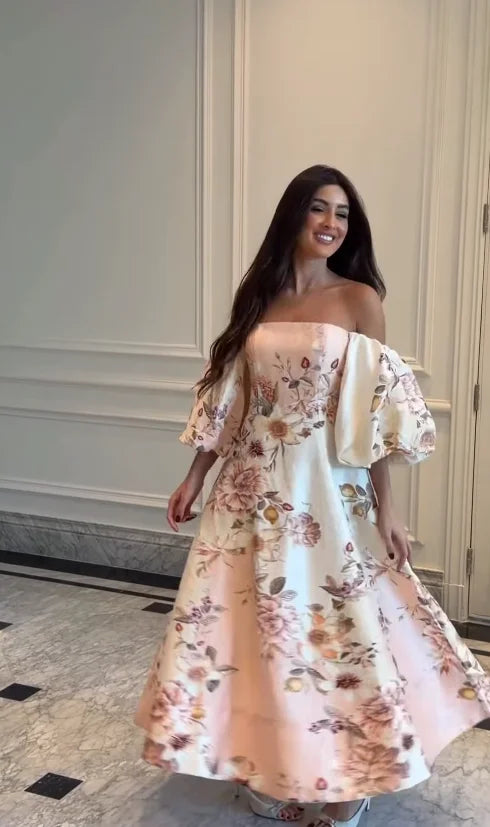 Vintage Print High Neck Midi Dress Belted Waist Bell Sleeve Flared Hem 2026 Summer Spring Chic Women Elegant Wedding Guest Gown