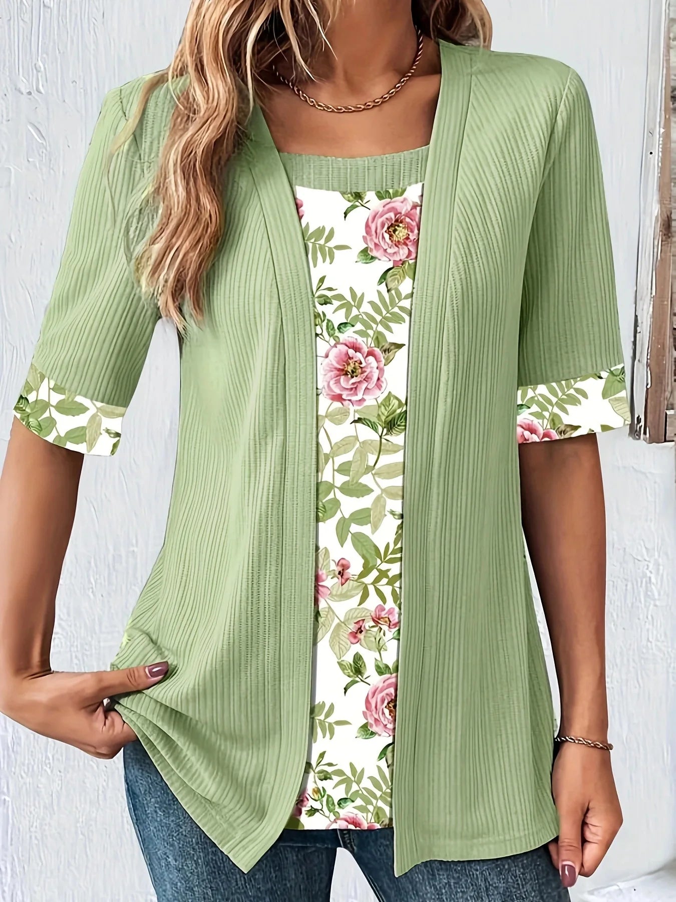 Plus Size Women T Shirts Patchwork Two Piece Top Set Loose Fit Summer Casual