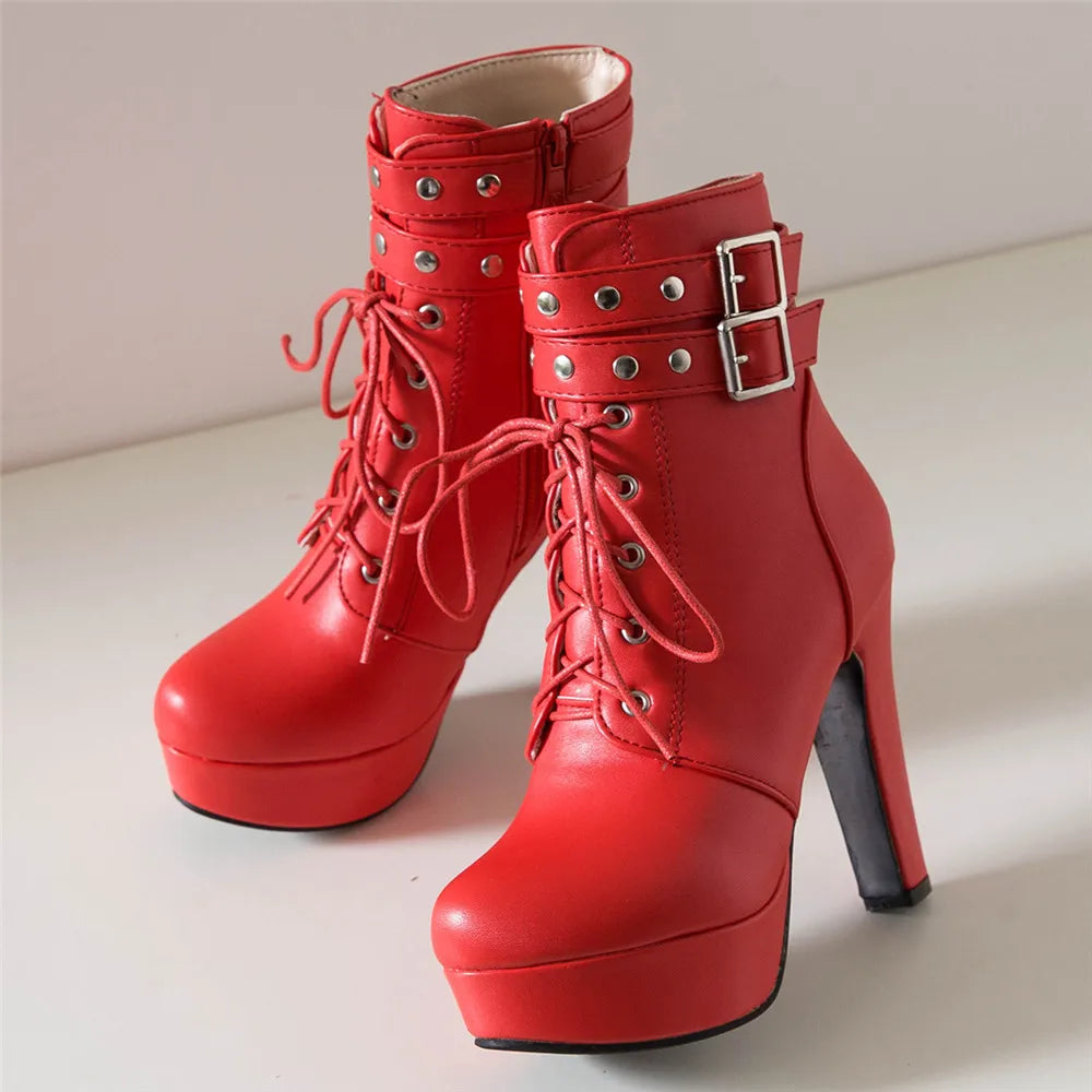 Women Ankle Boots Platform Lace-Up High Heels Short Boot Female Buckle Autumn Winter Red Yellow White Sexy Shoes Large Size34-46