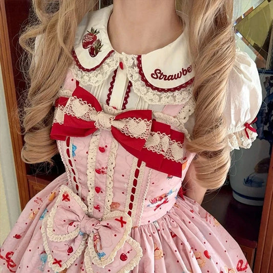 Japanese Kawaii Lolita Shirt Women Sweet Bow Strawberry Embroidery Lace Peter Pan Collar Princess Blouses Female Y2k Tops Blusas