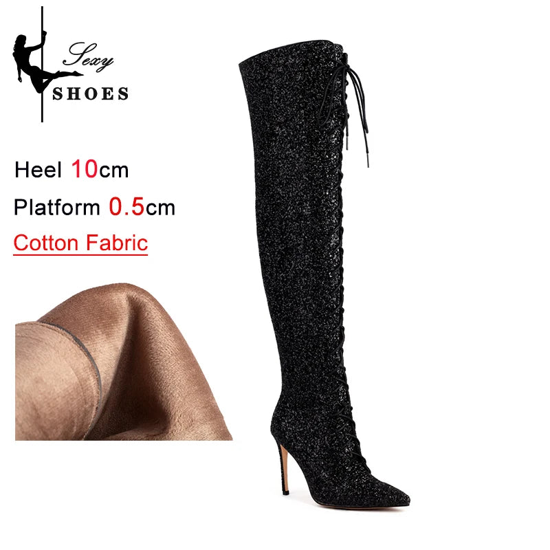 10CM Night Club Over The Knee Boots Sequins Thin High Heels Fashion Lady Pointed Long Boots Autumn Winter Party Shoes For Women