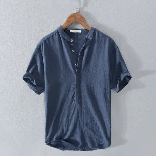 Men's Fashion Comfortable Casual Cotton Linen Short Sleeve Henley Shirt Lightweight Beach Hawaiian T-Shirt Style for Men