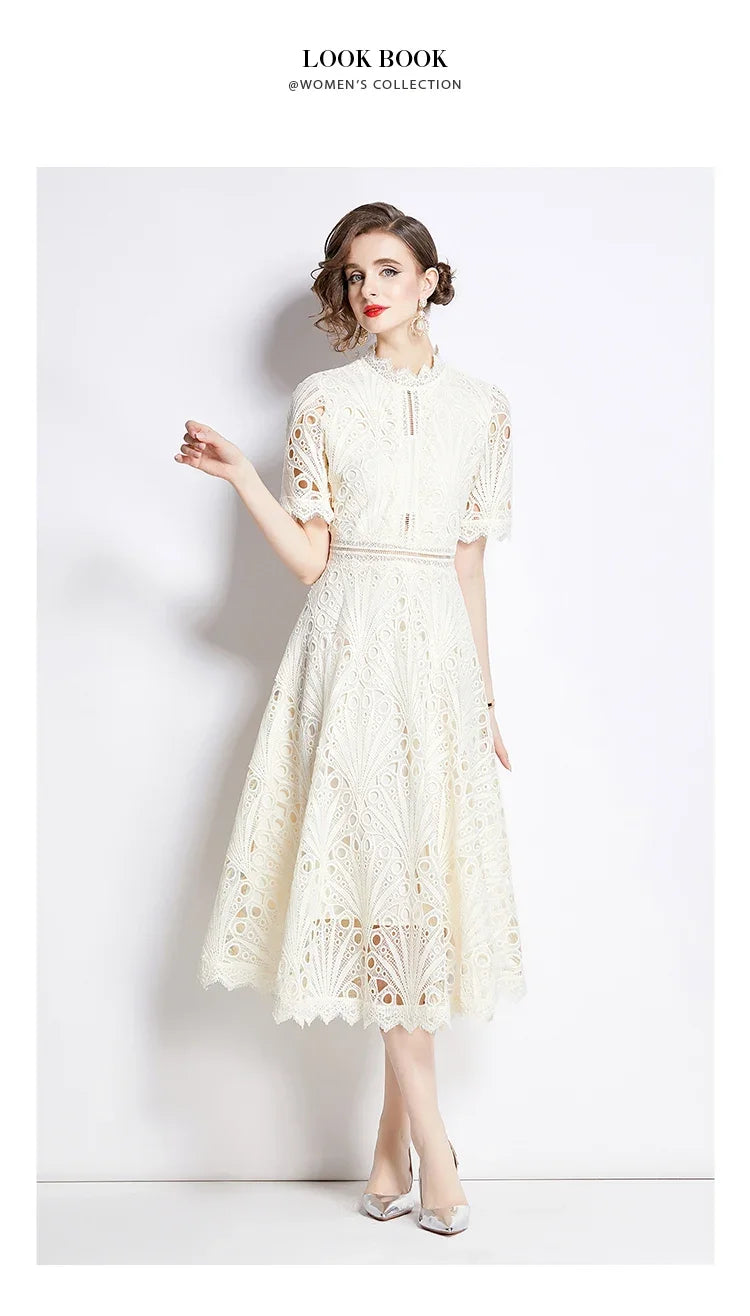 SMTHMA Vintage High-End O-Neck Short Sleeve Lace Hollow Out Dress For Women's Summer Slim Elegant Long Dress Female Clothing