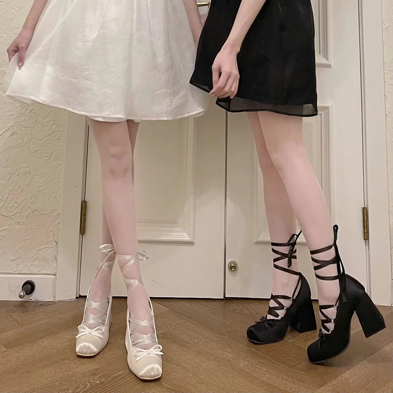 2025 Minuet Pink Mary Jane High Heels Lolita Thick Heel Satin Ribbon Ballet Sandals For Women Pumps