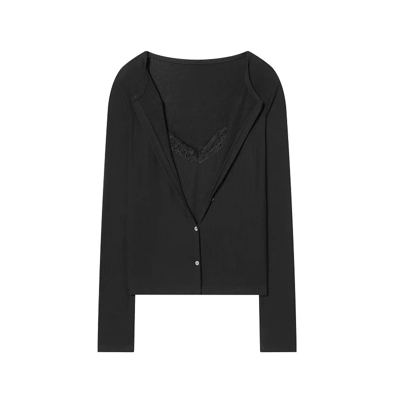 MUJER Lace Cropped Jacket Women Tops Vintage Knit Demi-season Jackets for Women Button up Women's Coats Office Knitted Cardigan