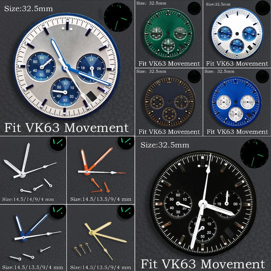 32.5MM Dial Fit VK63 Movement Green Luminous Dial Hands Men's Watches Part VK63 Watch Accessories Maintenance Tools