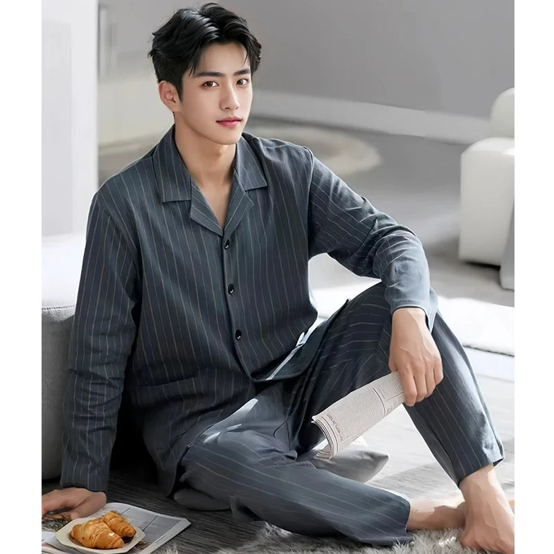 Pajamas for Men Spring and Autumn Long-Sleeved Young Men's Simple Casual Lapel Autumn and Winter Home Wear Set