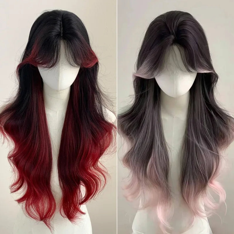 Red Black Ombre Wig Paris Female Long Curly Hair Lace Front Headband Wig Lolita Heat Resistant Synthetic Wigs for Daily Use