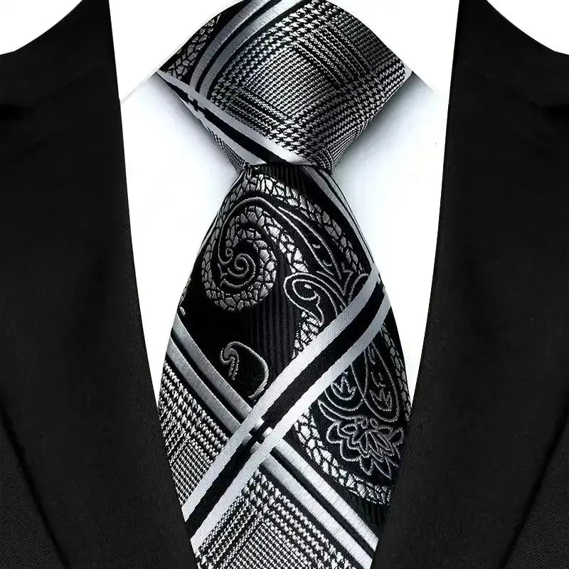Classic 8CM Polyester Ties For Men Formal Business Silver Gray Paisley Stripes Dot Neckties Handmade College Shirt Neckwear BAZAARHUBO