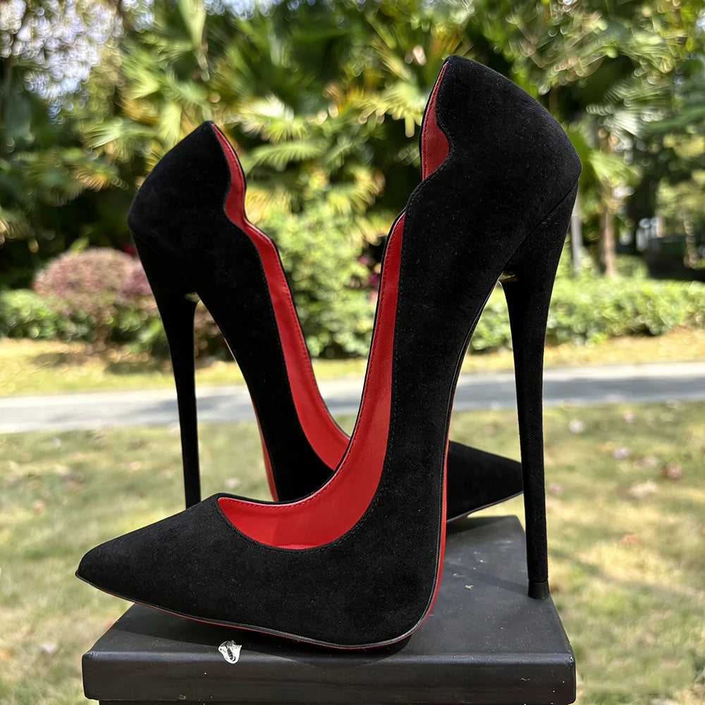 2026 Customize Side V Cut 16cm Ultra High Heels Matte Black Red inside Woman Pumps Curl Cut Slip on Pointed toe T-stage Shoes