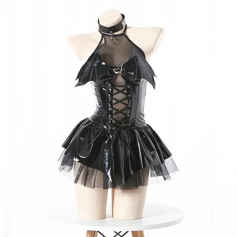 Sexy Cosplay Pu Dress Women Harajuku Streetwear Grunge Bandage Hollow Out Bats Dress Punk Y2k E-girl Mall Gothic Clothes